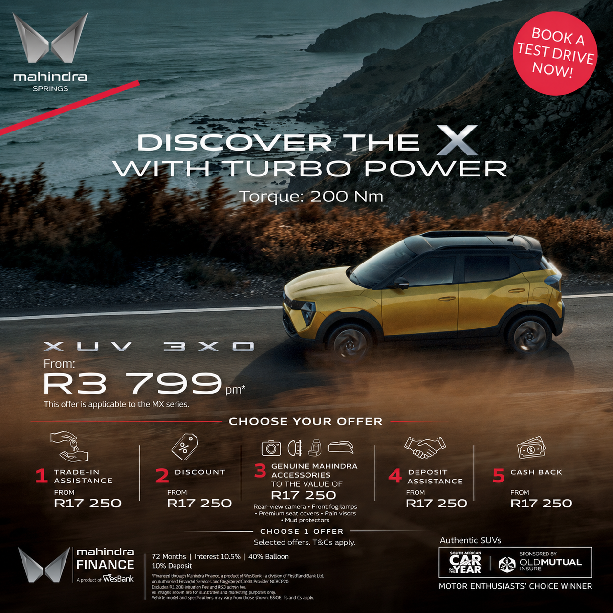 Promotional poster for Mahindra XUV 3X0: a yellow compact SUV on a coastal road with bold white text and a red 'Book a test drive now' circle, showcasing offers like trade-in, discount, and cash back.