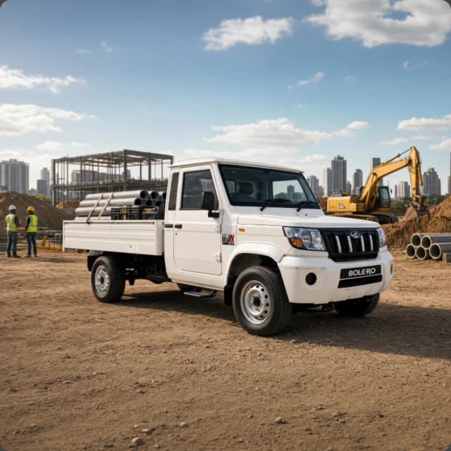 White pickup truck on a dirt construction site with workers and heavy machinery in the background